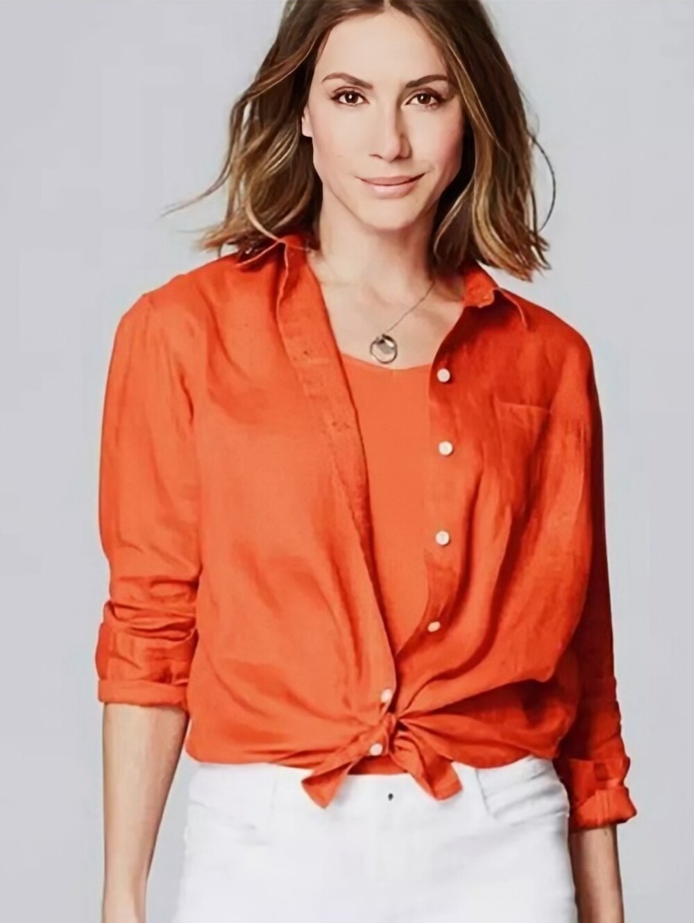 J.Jill Womens Love Linen Button-Up Shirt Zinnia Orange Long Sleeve High-Low Sm